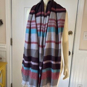 Hinge Nordstrom Blanket Scarf Wrap Shawl Gray Rust Striped Acrylic Fringed Large